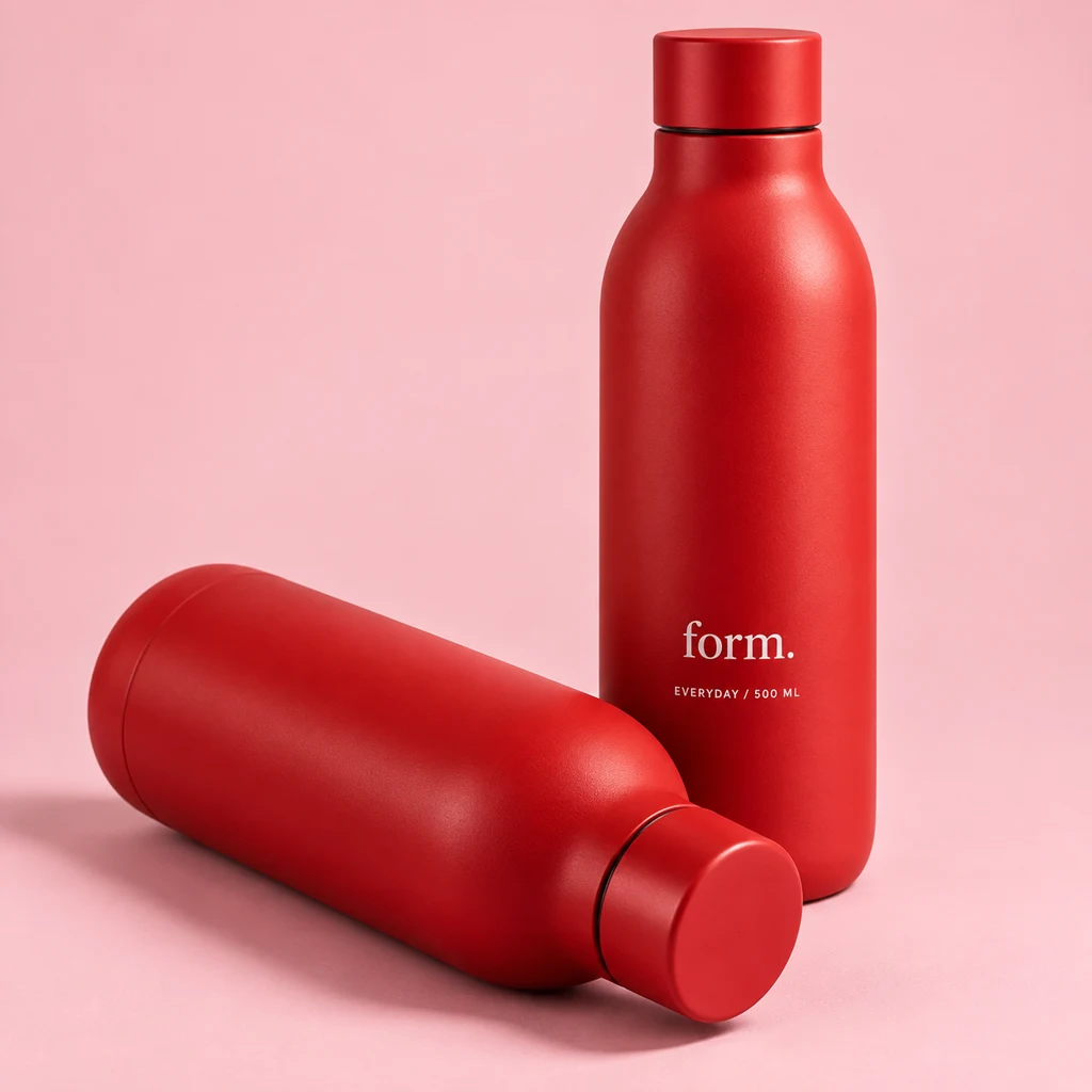 Botol merah form. yang dapat digunakan ulang, ditata dengan latar studio merah muda